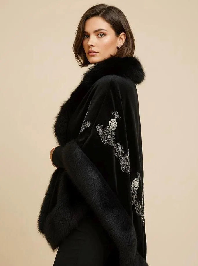 Luxury Embroidery Faux Fur Shawl
