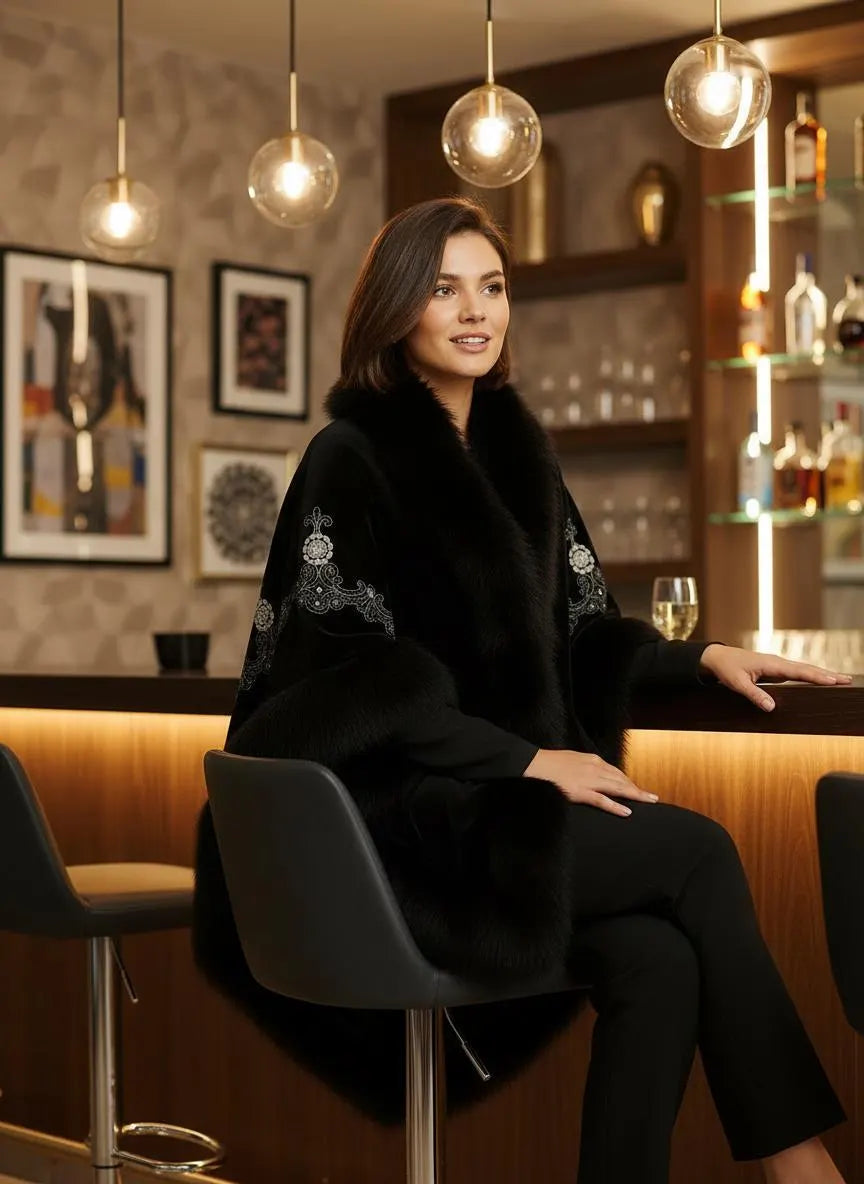 Luxury Embroidery Faux Fur Shawl