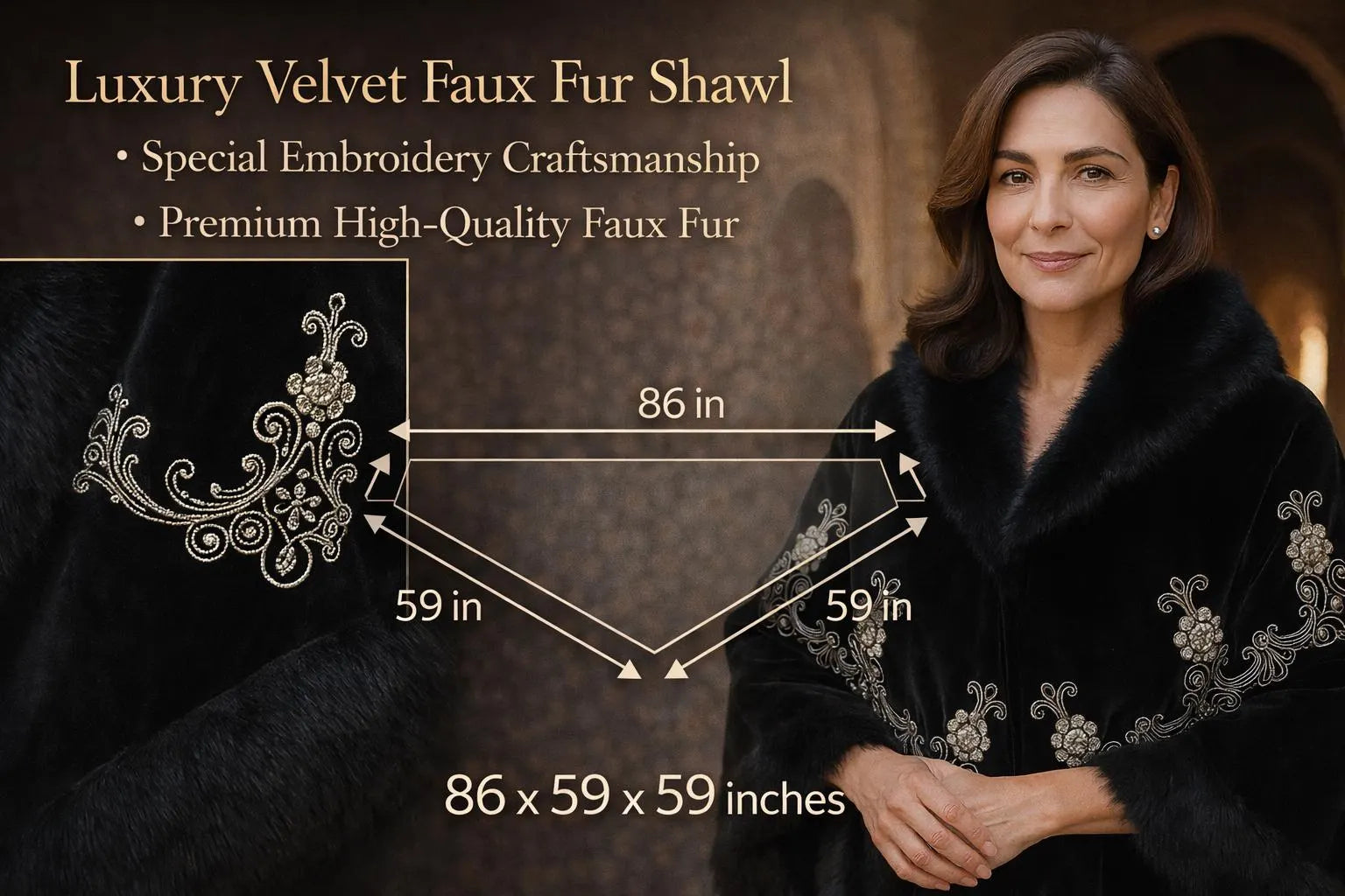 Luxury Embroidery Faux Fur Shawl