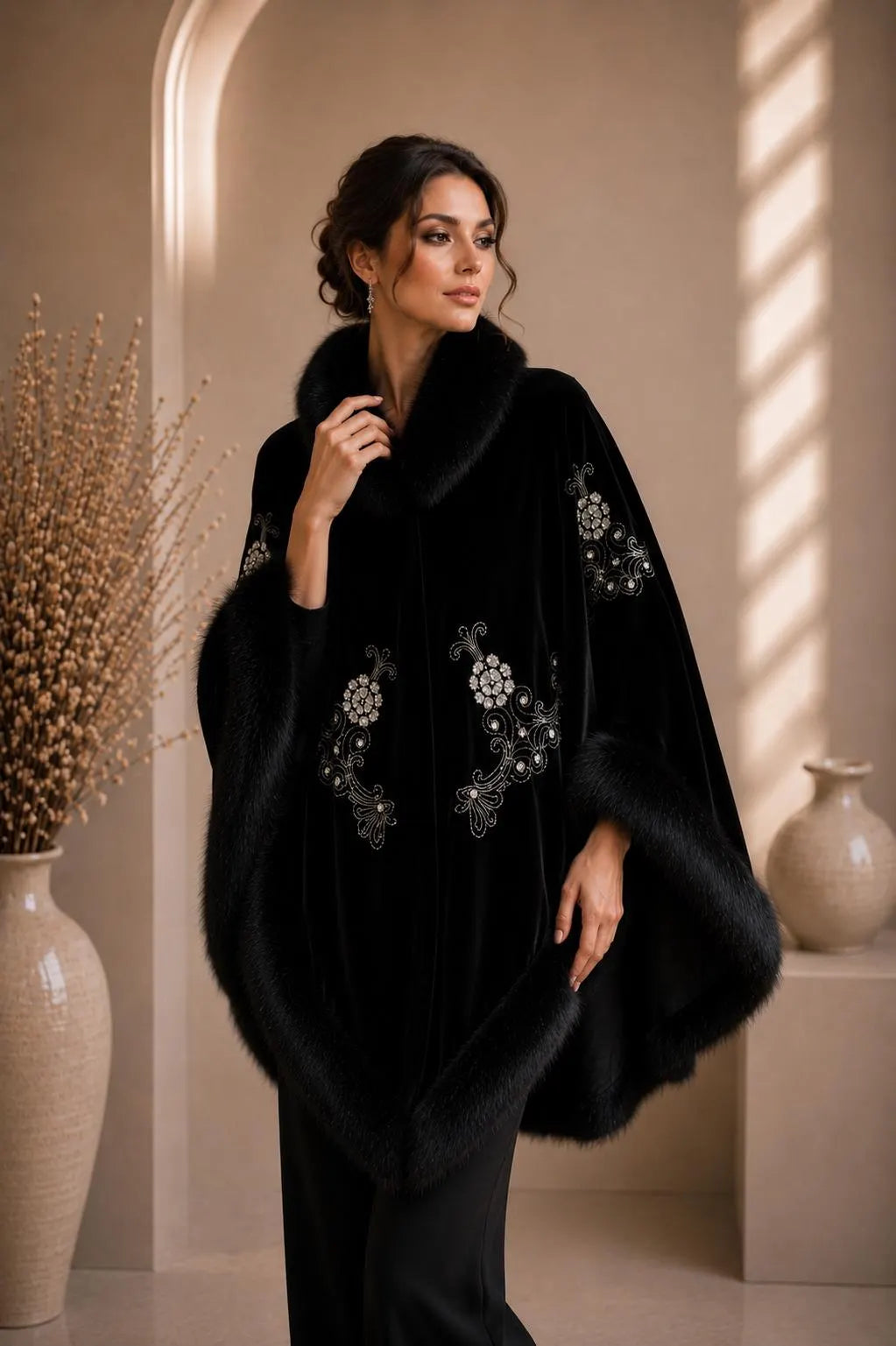 Luxury Embroidery Faux Fur Shawl