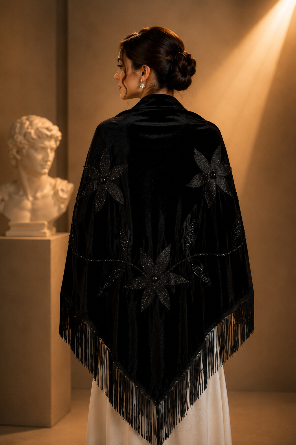 Handmade Embellisment Flower Aplique Velvet Black Shawl