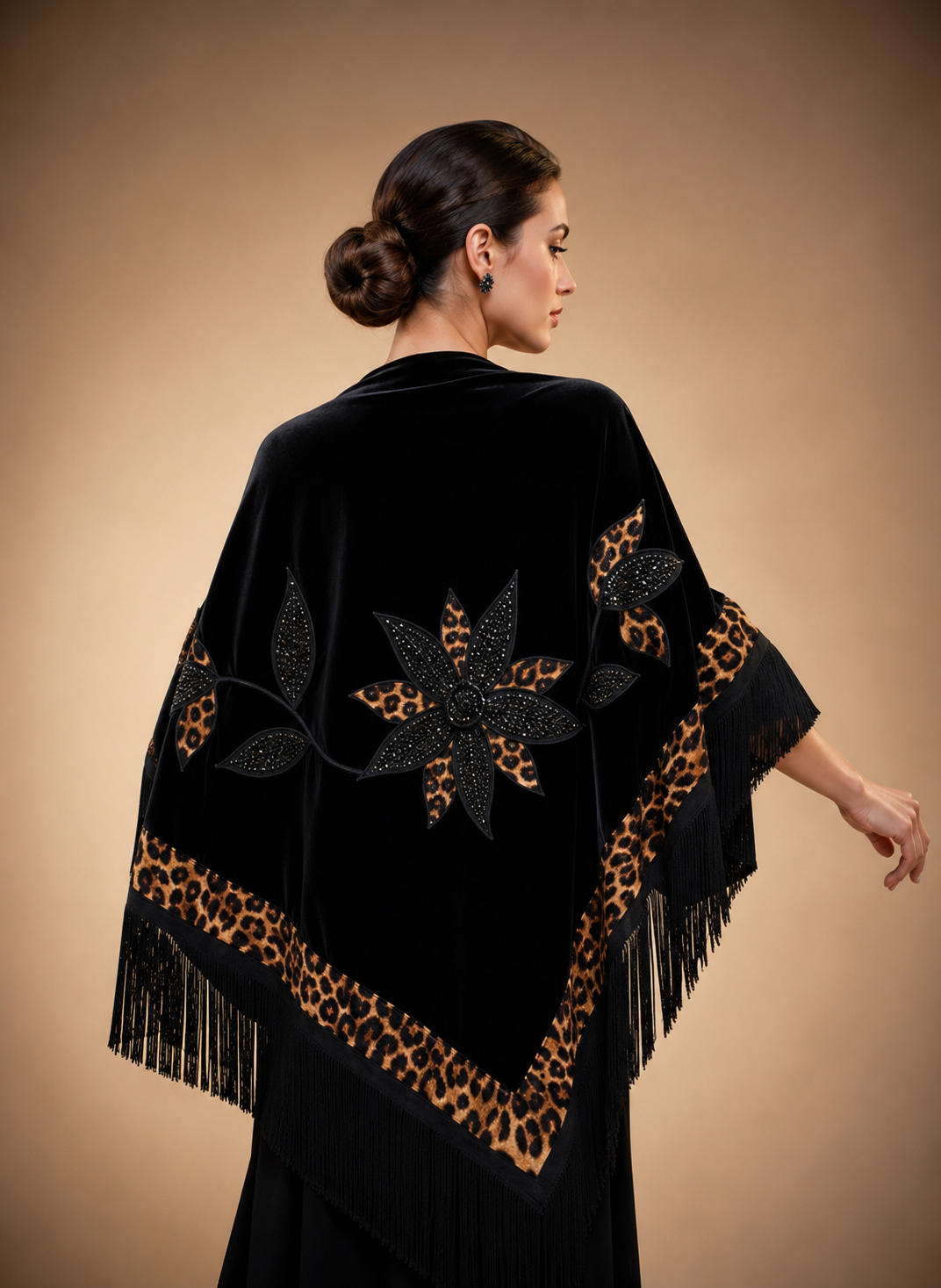 Tiger Leopard Aplique Velvet Black Shawl