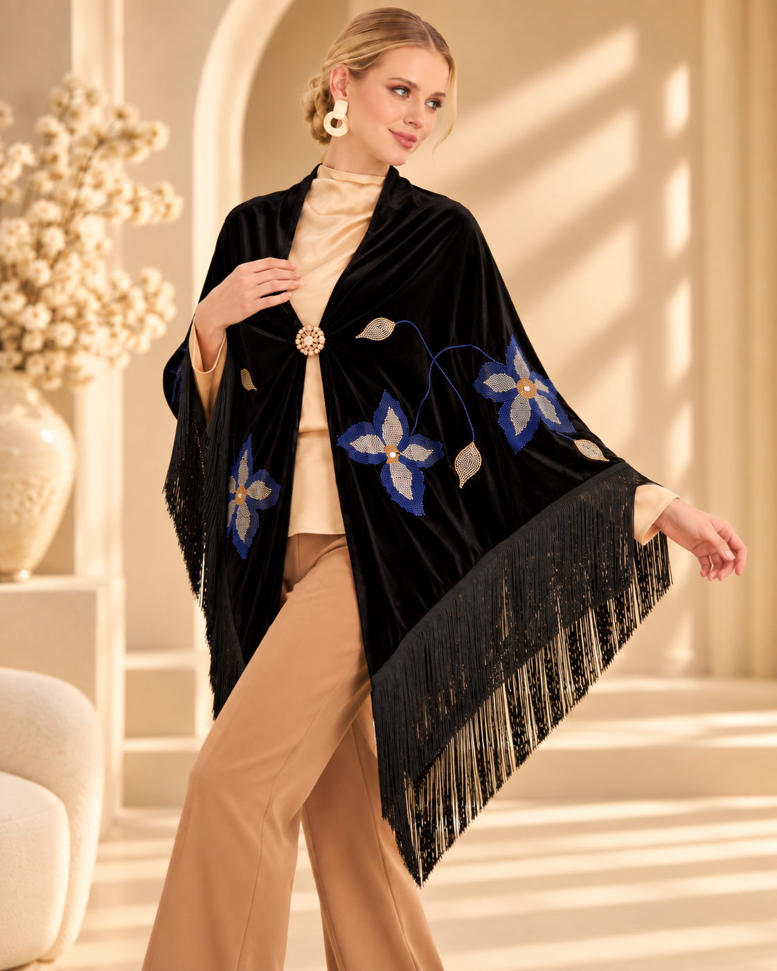 Velvet Shawl with Blue Crystal Floral Stones