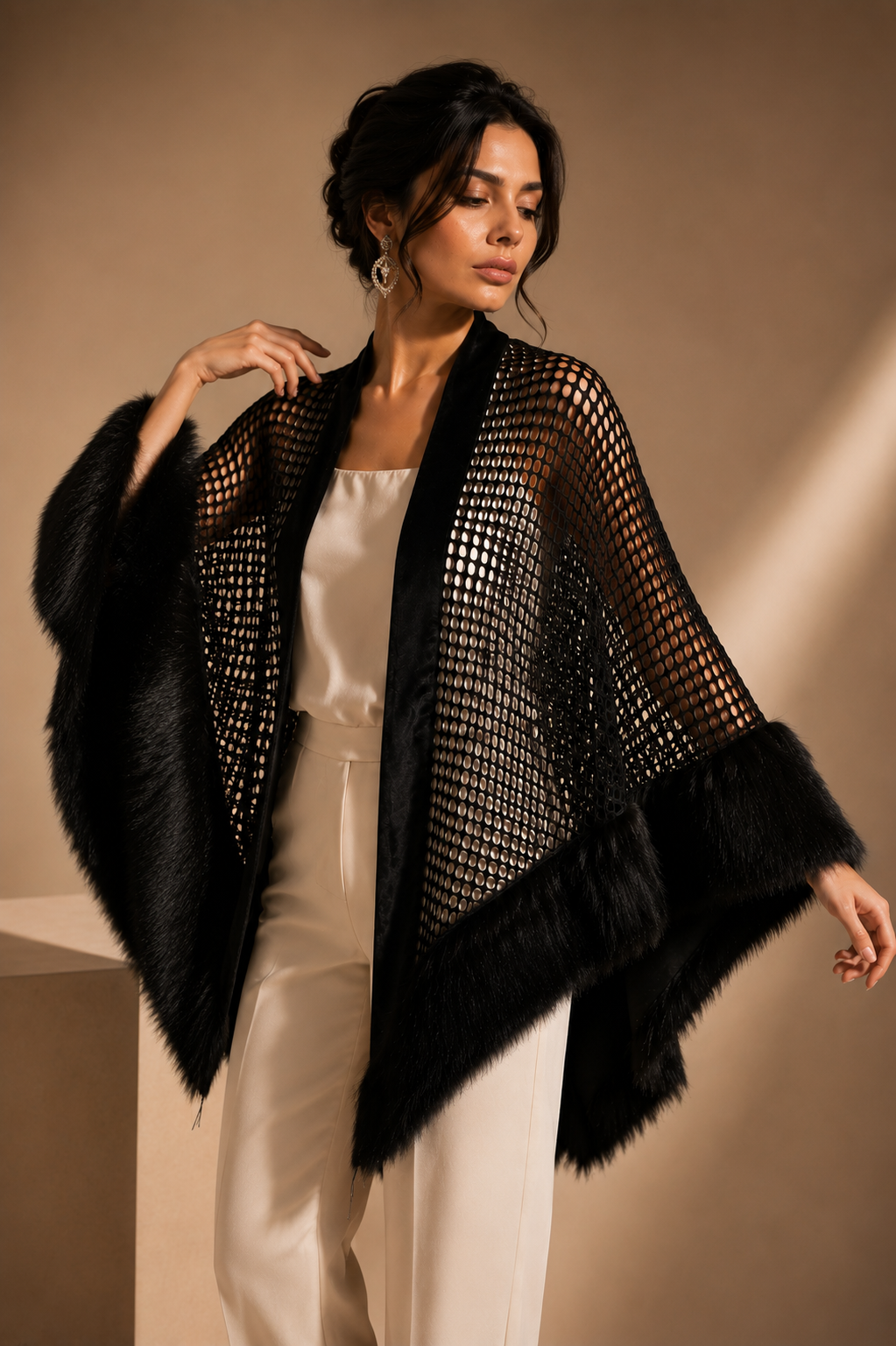 Black Mesh and Faux Fur Shawl