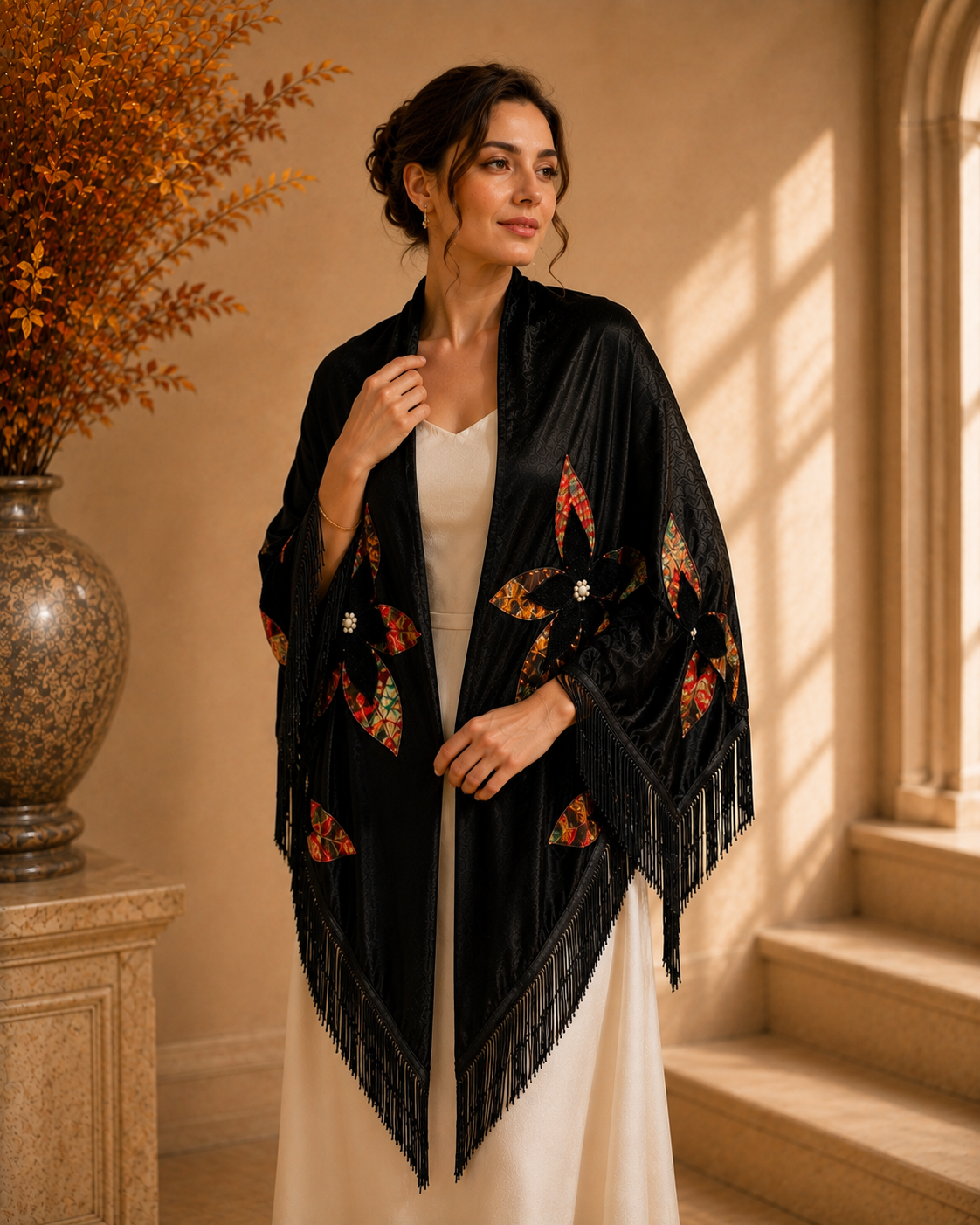 Velvet Evening Shawl with Floral Applique