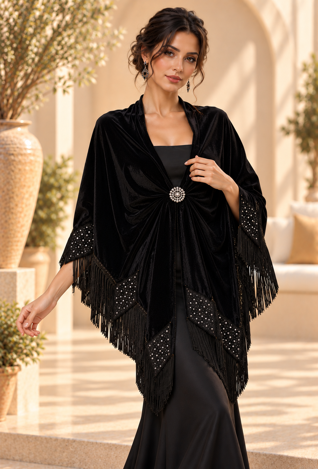 Black Velvet Shawl with Geometric Stones