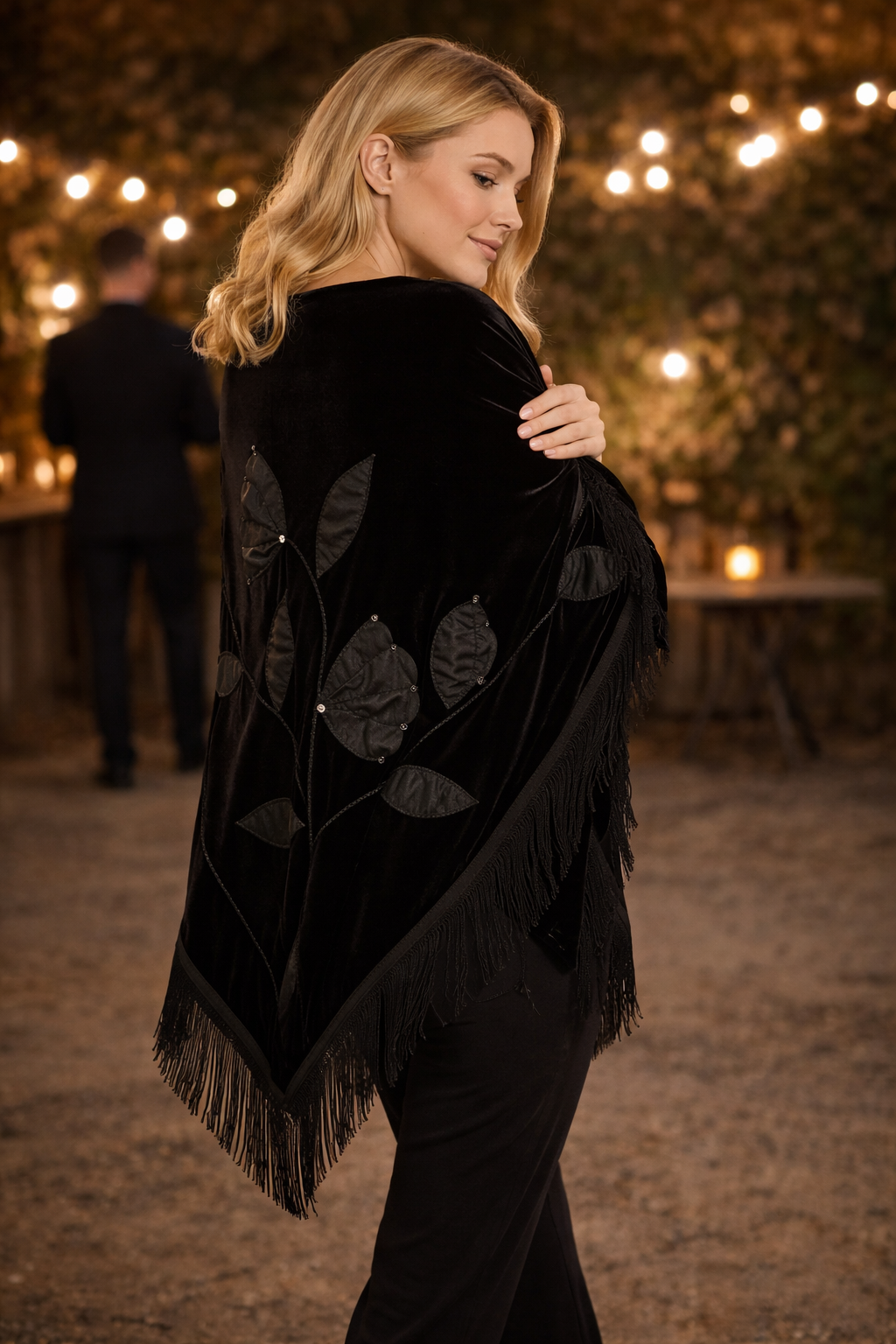 Handmade Embellisment and Flower Aplique Velvet Black Shawl