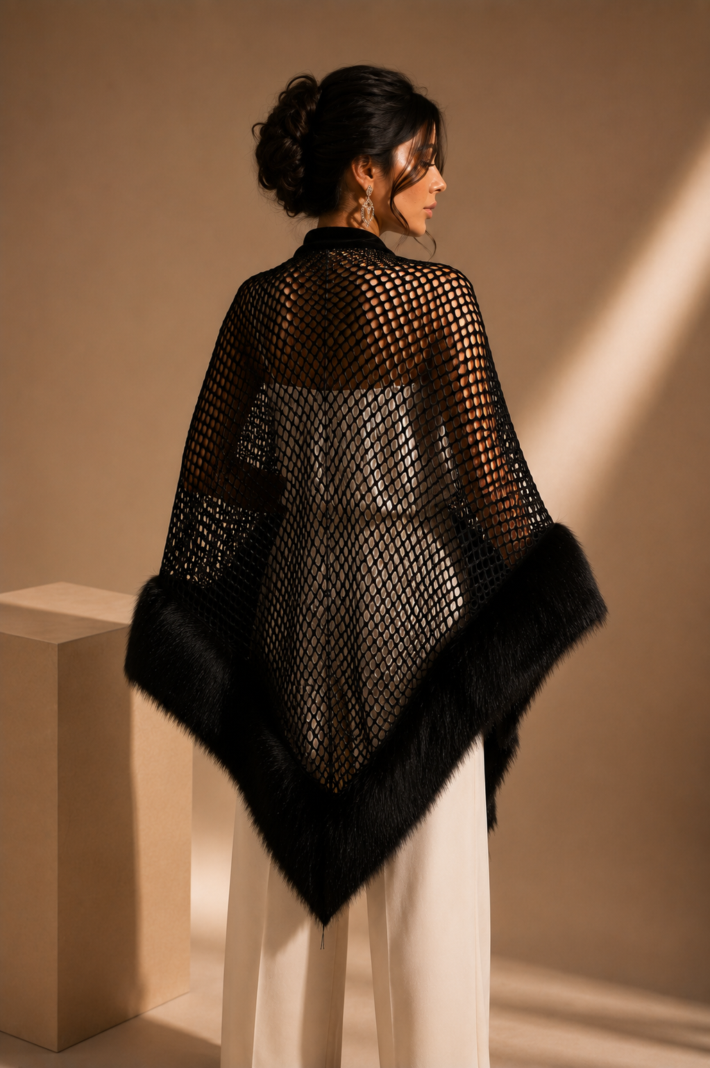 Black Mesh and Faux Fur Shawl