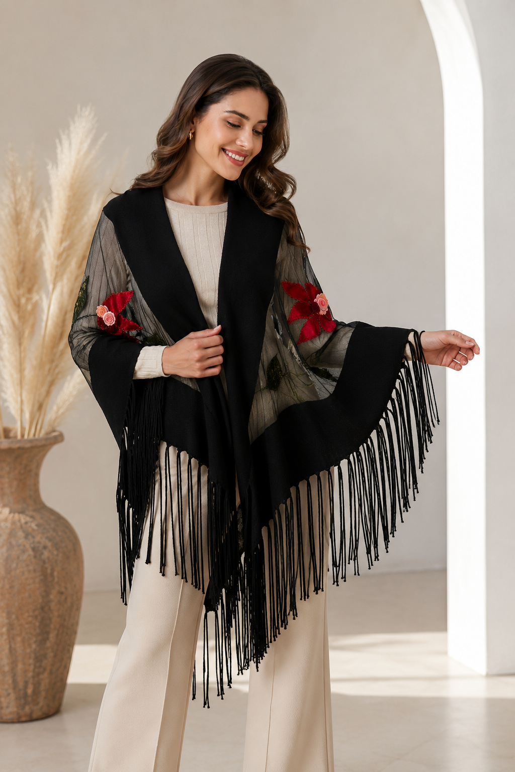 Handmade Stones Colorful Evening Knit and Tulle Shawl