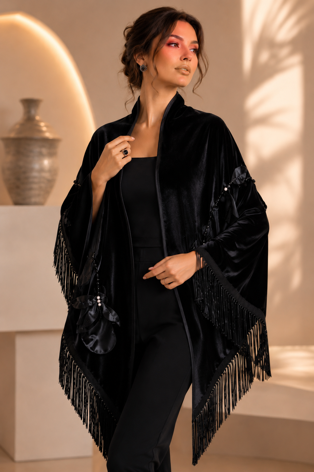 Handmade Flower Aplique Velvet Black Shawl
