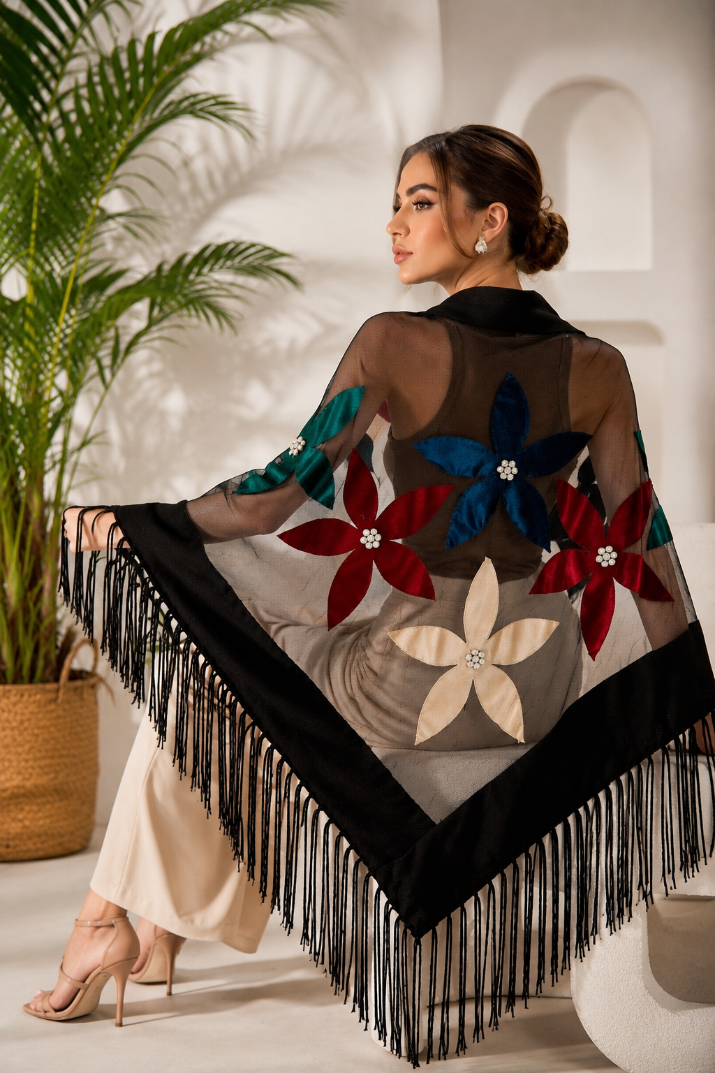 Colorful Velvet Flowers Knit and Tulle Shawl