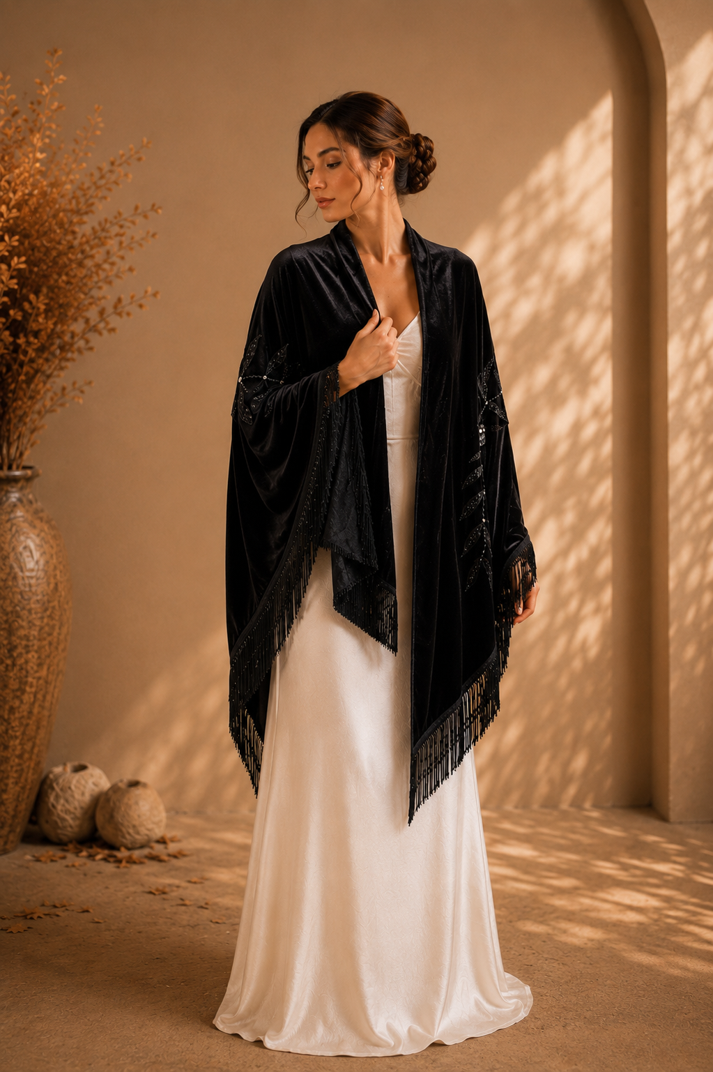 Black Velvet Shawl with Floral Applique