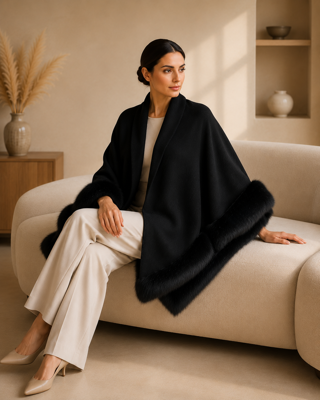 Black Plain Knit Shawl with Faux Fur