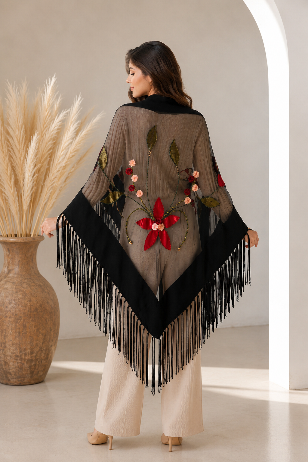 Handmade Stones Colorful Evening Knit and Tulle Shawl