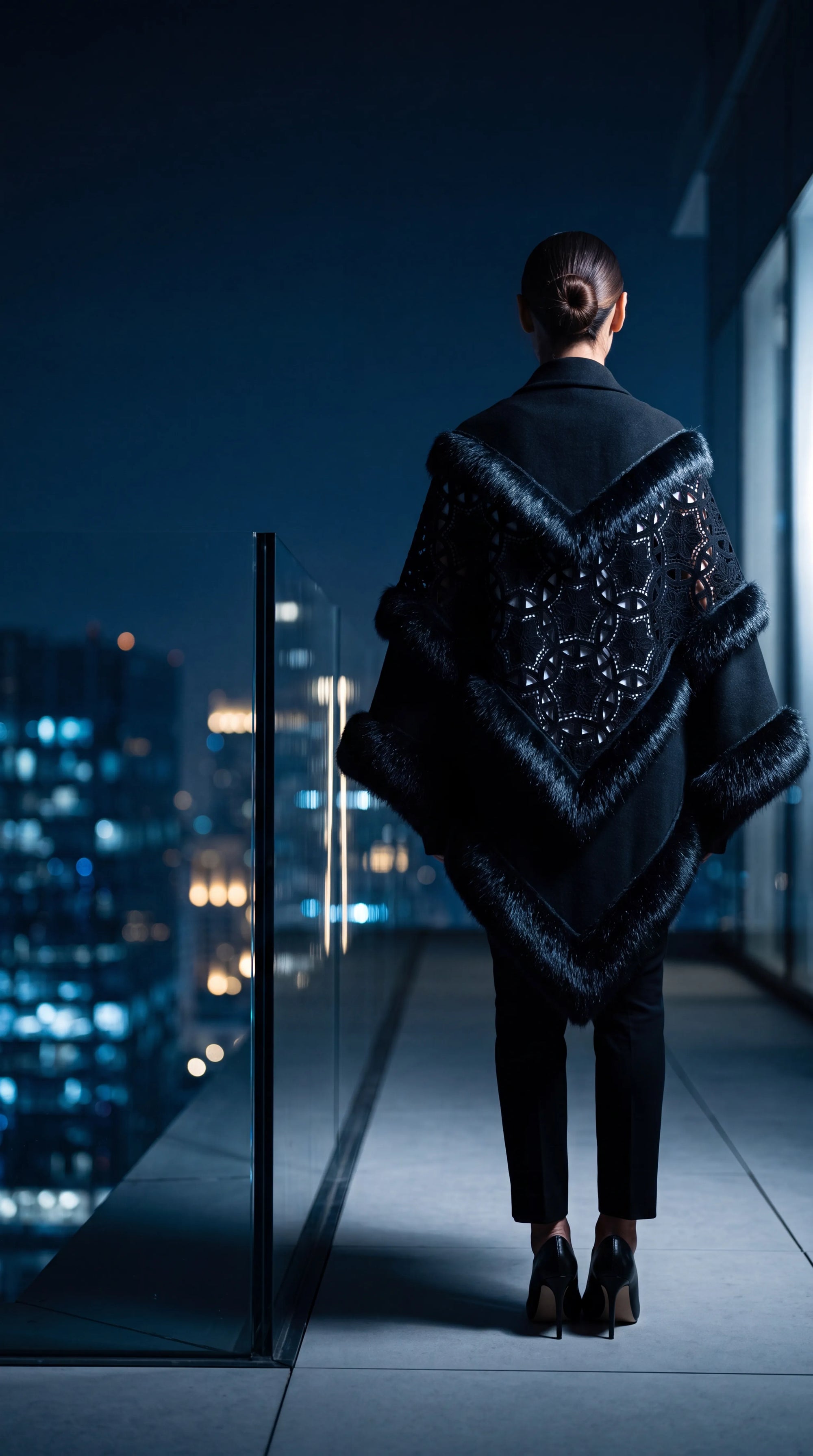 Black Embroidery Knit Shawl with Faux Fur