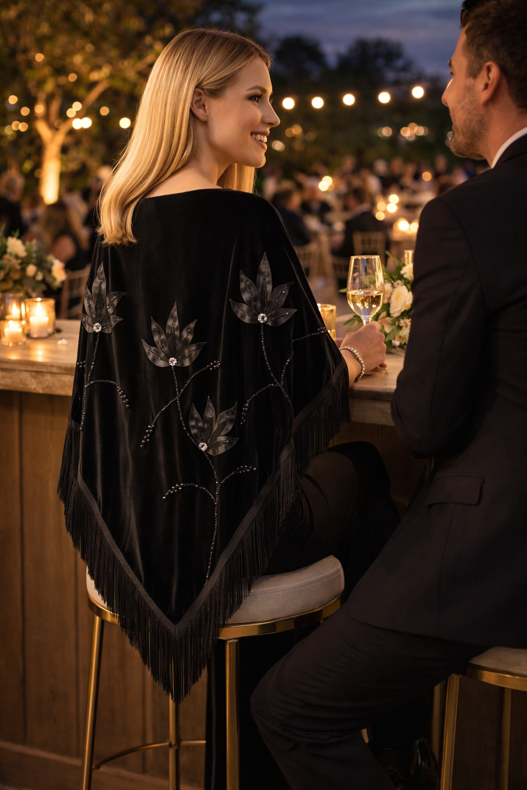 Handmade Embellisment and Flower Aplique Velvet Black Shawl