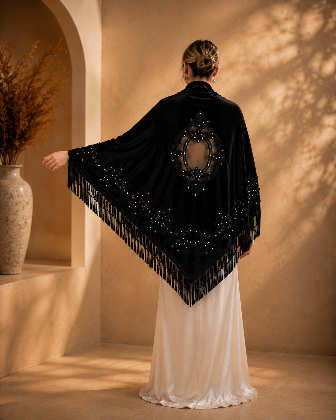 Black Embroidery Velvet Shawl with Pearl