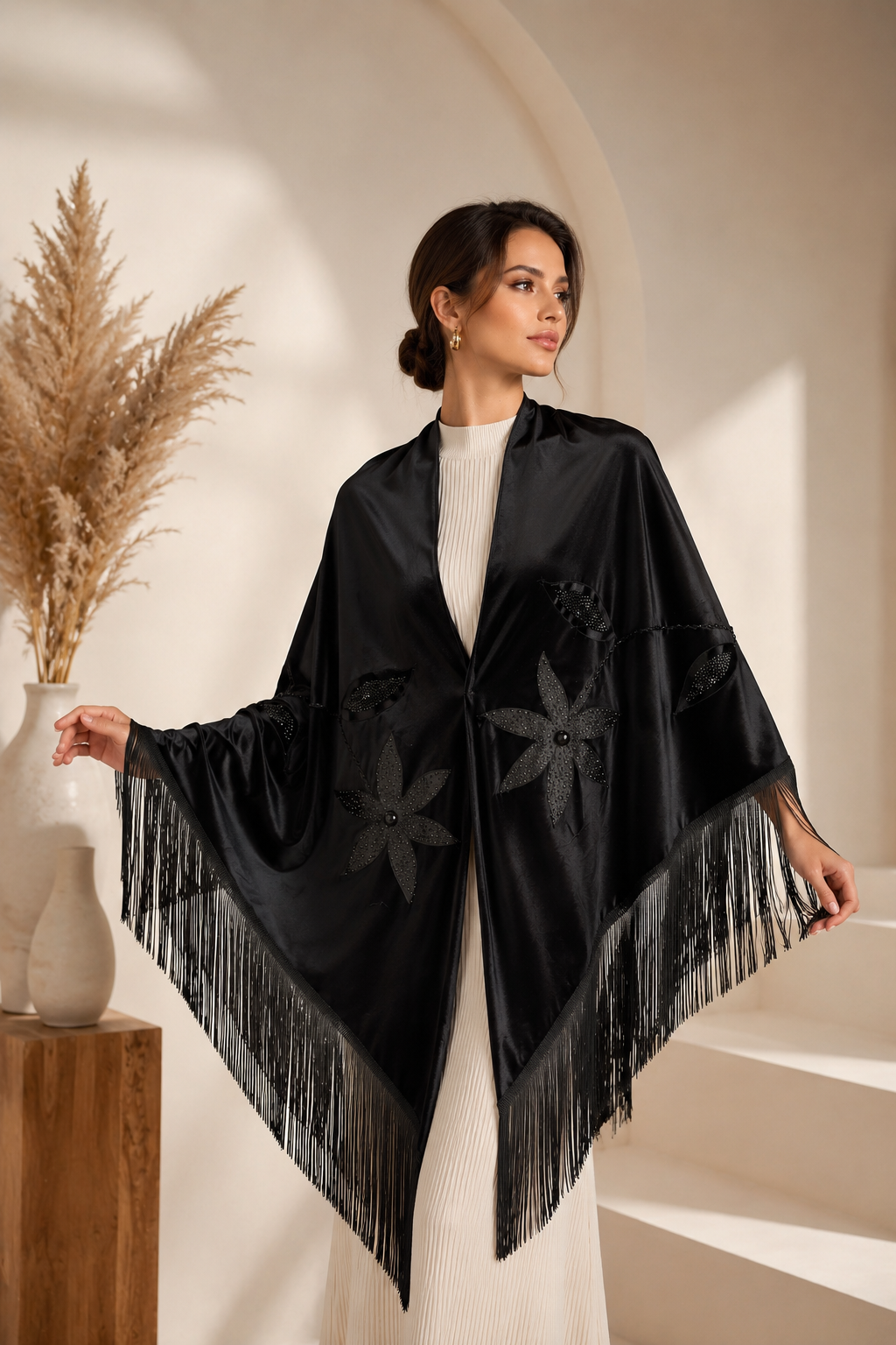Handmade Embellisment Flower Aplique Velvet Black Shawl