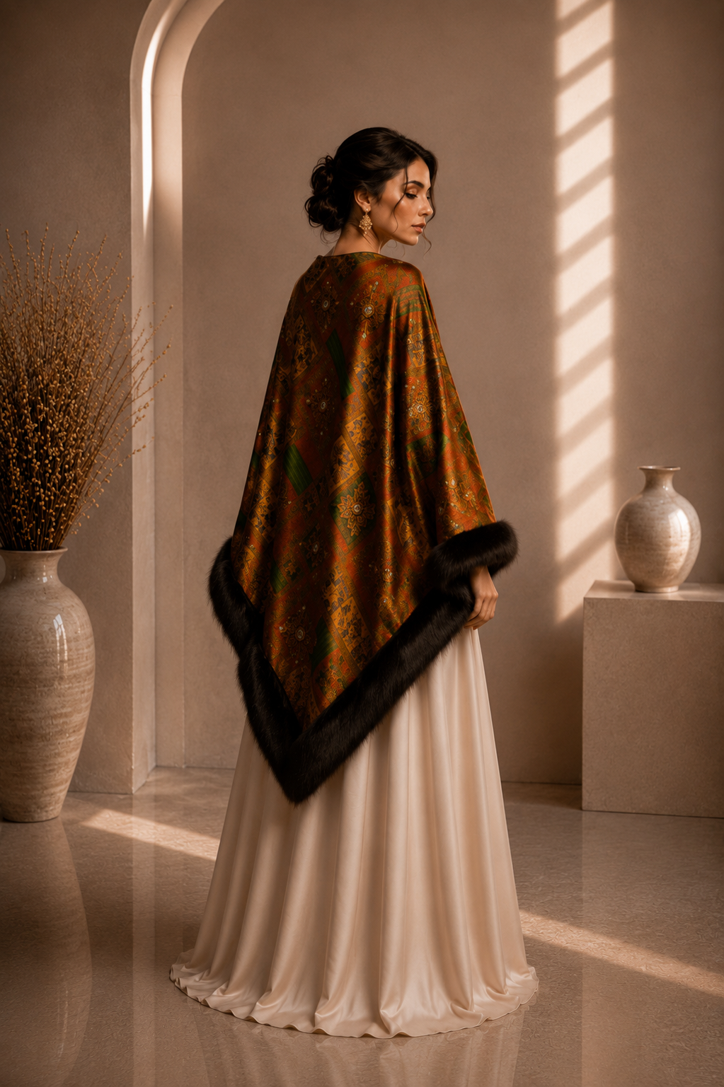 Patterned Velvet Shawl with Faux Fur