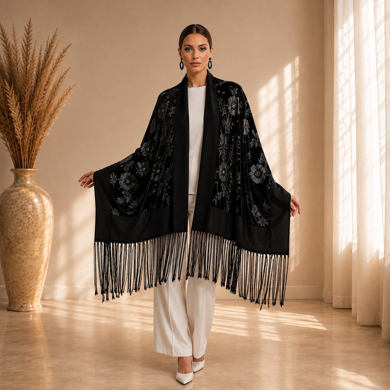 Embroidered Floral and Sequins Velvet Shawl with Wool Border