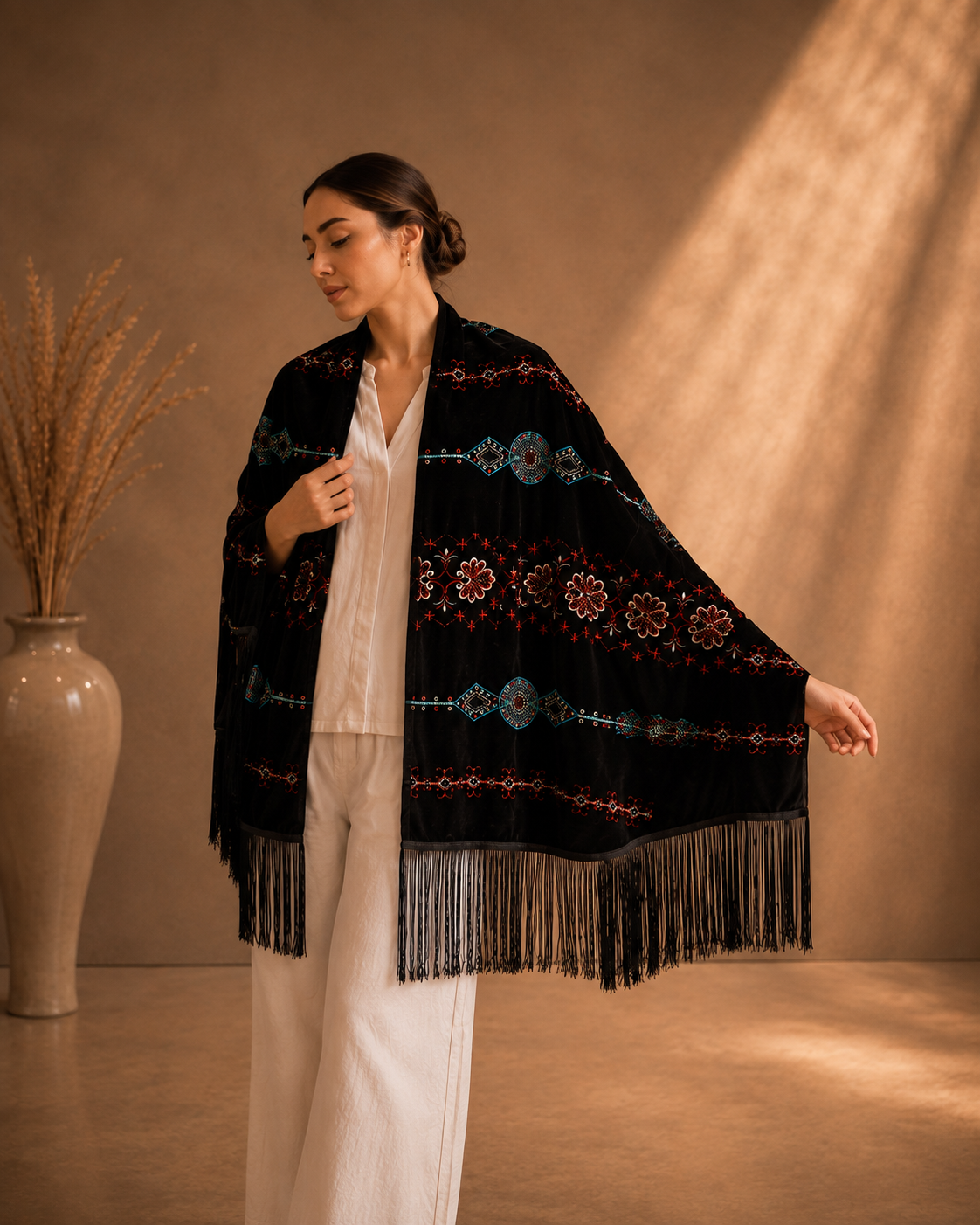 Ethnic Embroidery Black Velvet Shawl