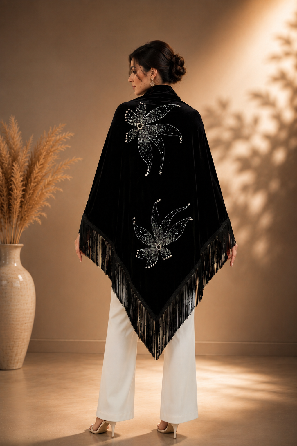 Velvet Shawl with Crystal Flower Stones