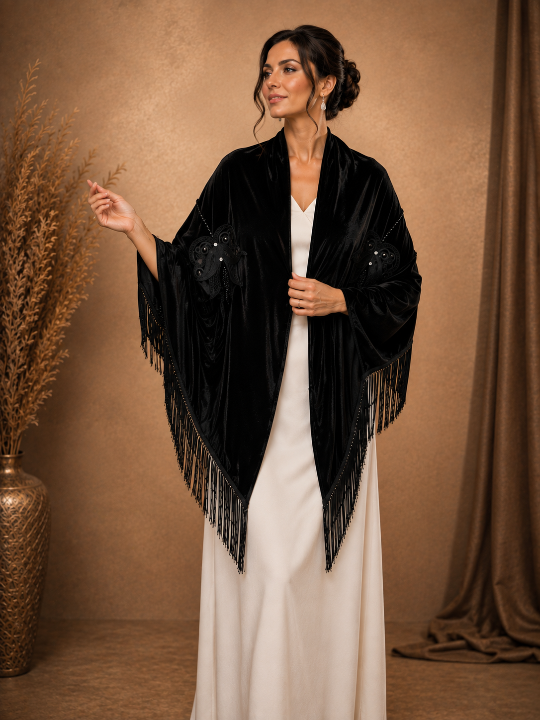 Black Women Shawl with Floral Embroidery