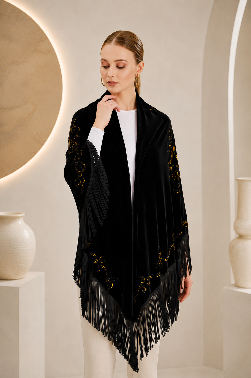 Black Velvet Shawl with Crystal Embellishments