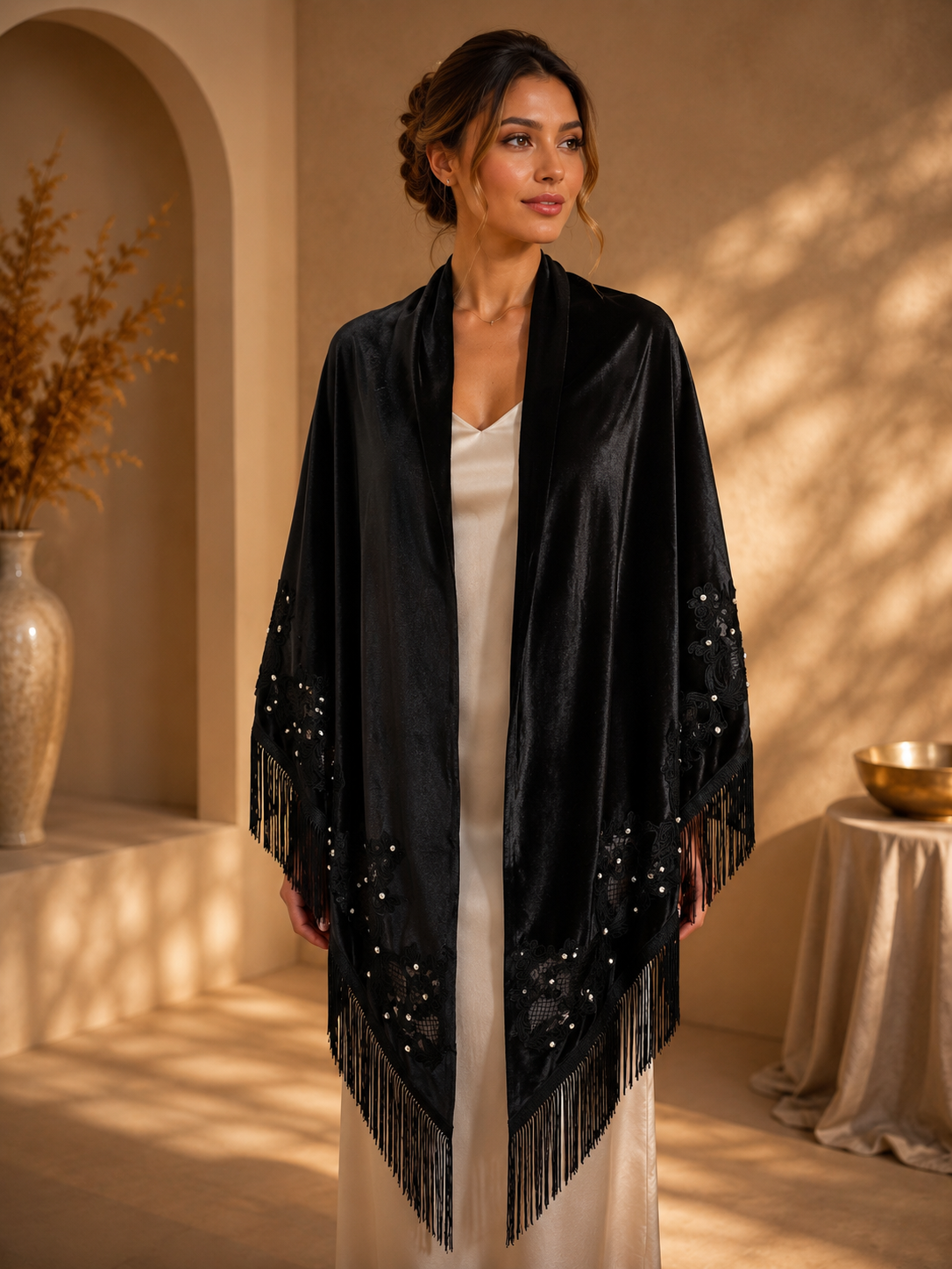 Black Embroidery Velvet Shawl with Pearl