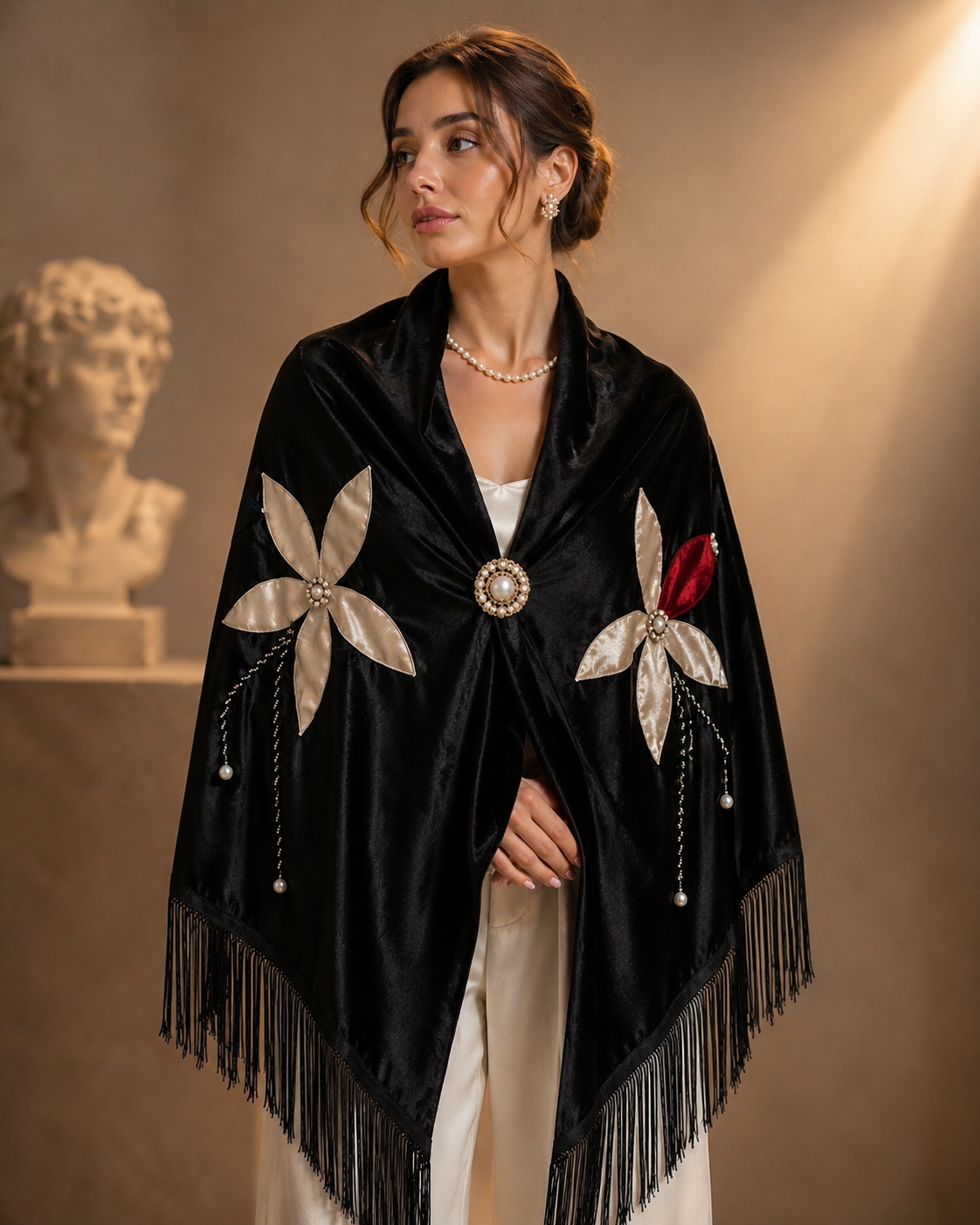 Flower Aplique Velvet Black Shawl