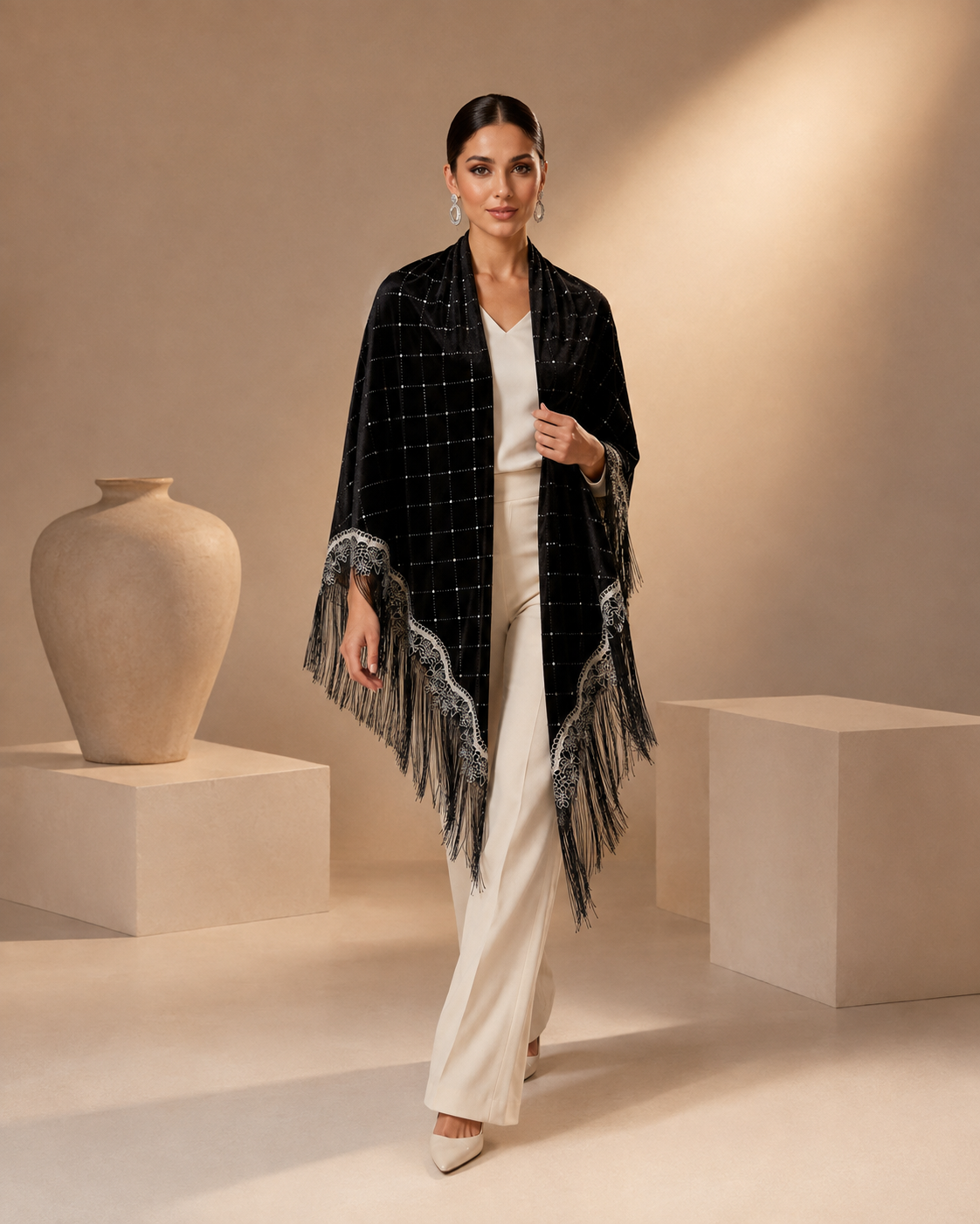 Silver Embroidery and Fringe Velvet Shawl
