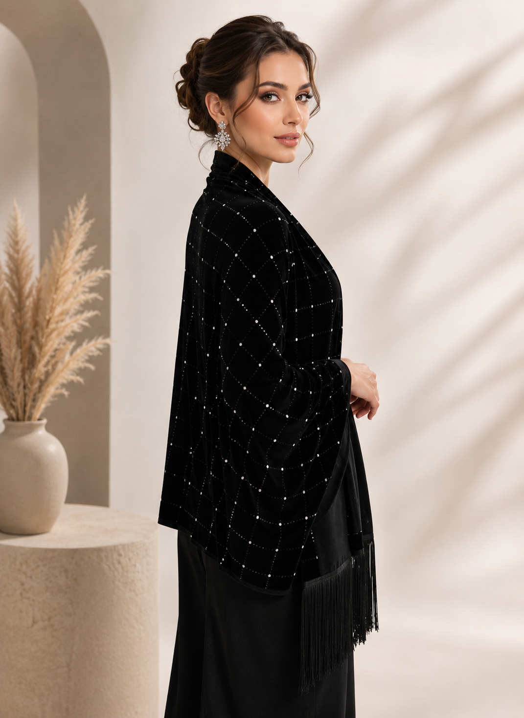 Black Velvet Shawl with Crystal Stones