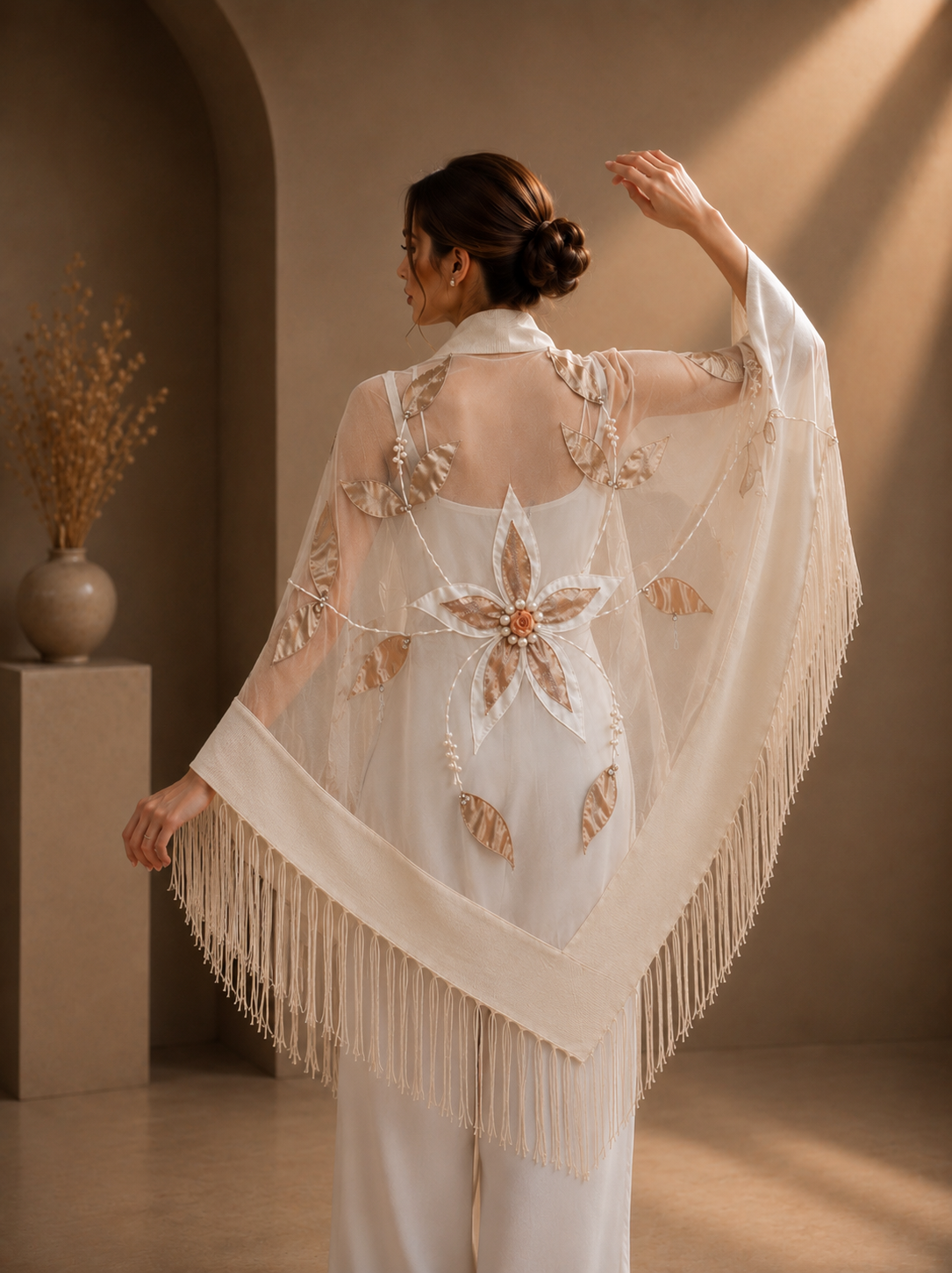 White Bridal Folaral Aplique Knit and Tulle Shawl
