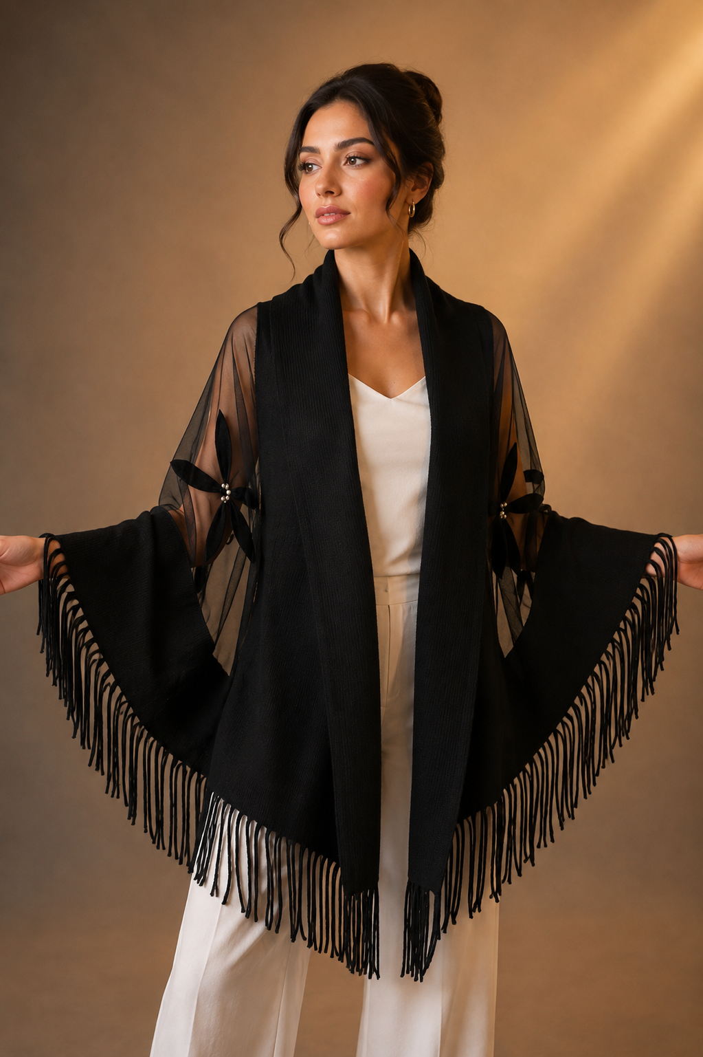 Evening Knit and Tulle Shawl with Velvet Aplique