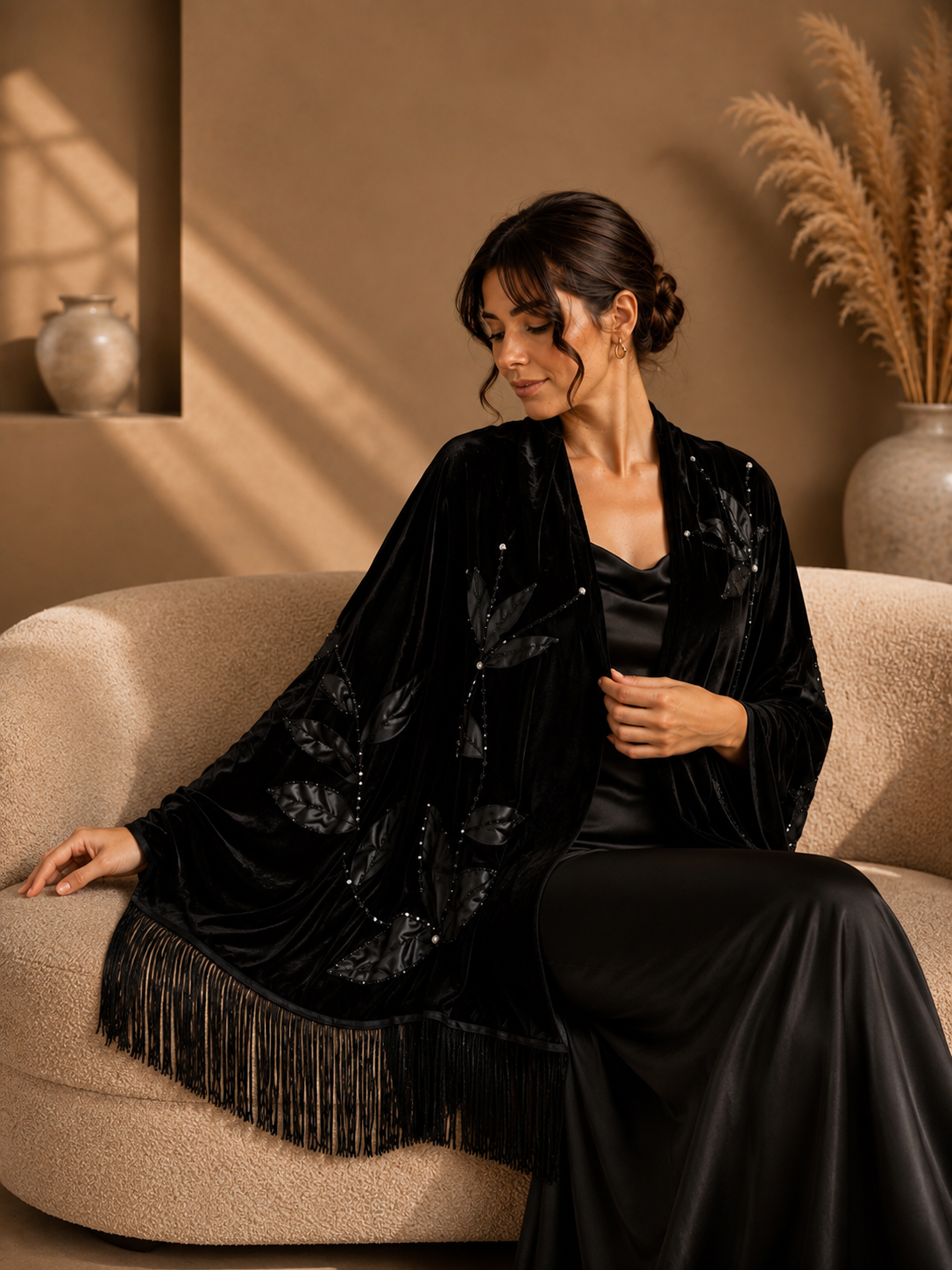 Velvet Shawl with Handmade Stone Embellishment