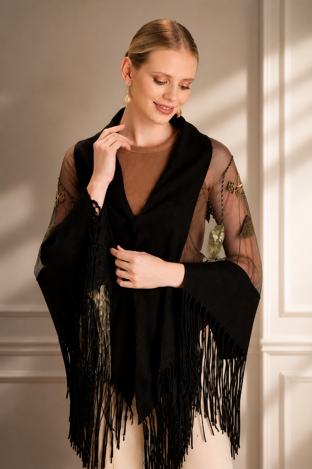 Handmade Stones Colorful Knit and Tulle Shawl