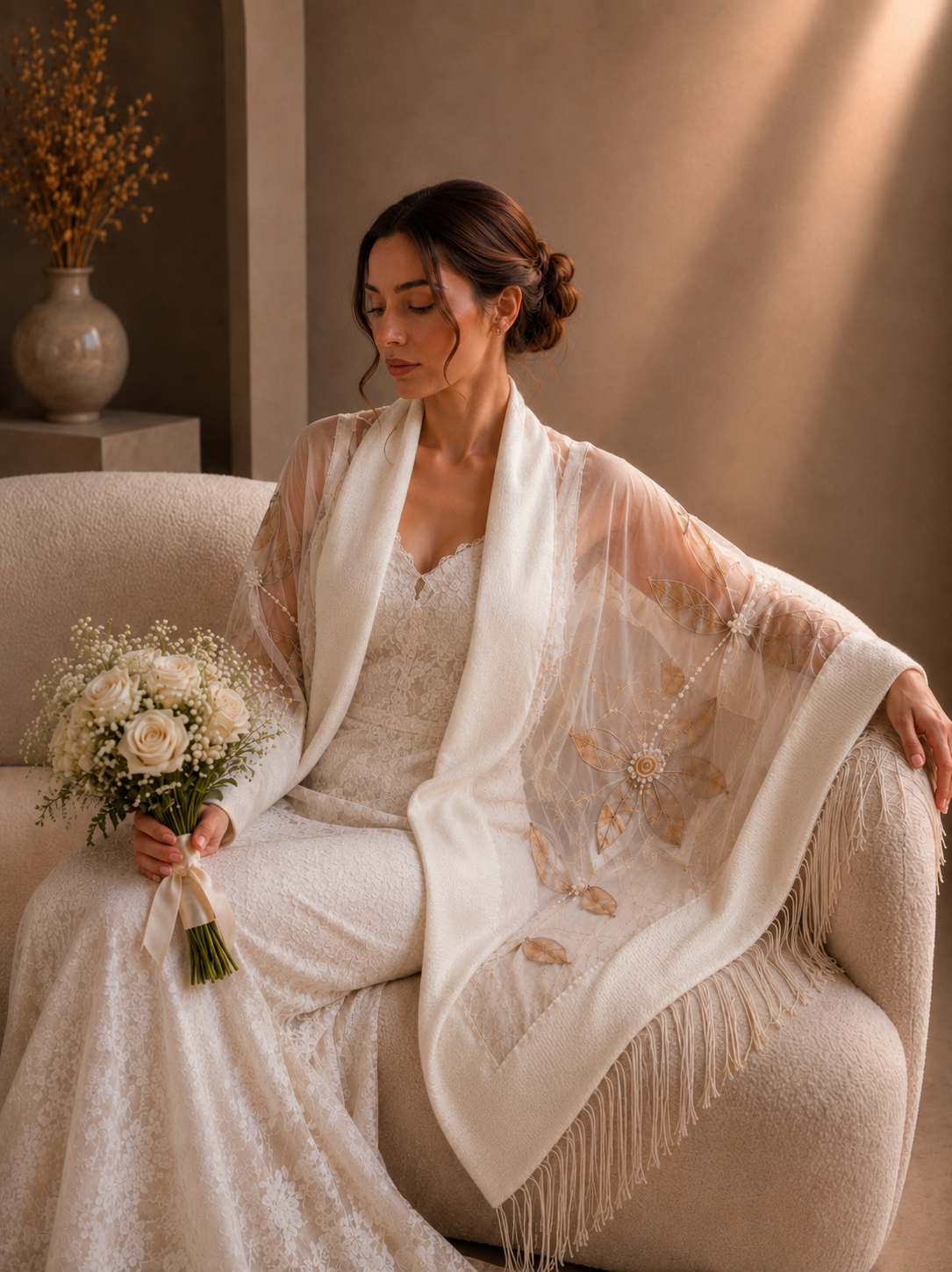 White Bridal Folaral Aplique Knit and Tulle Shawl