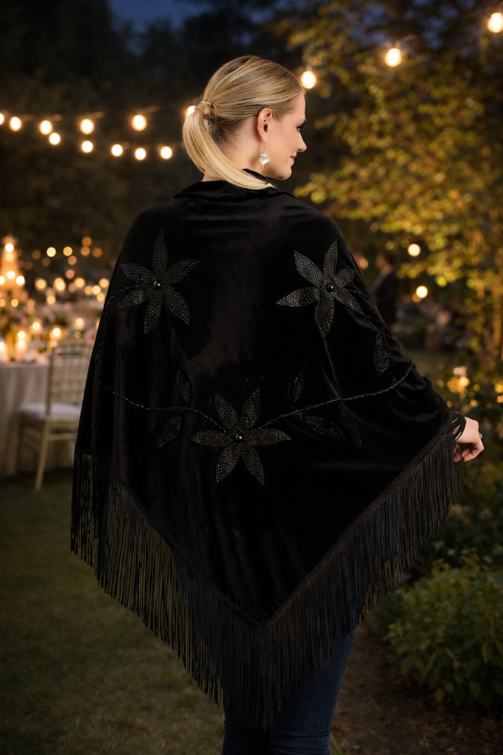 Handmade Embellisment Flower Aplique Velvet Black Shawl