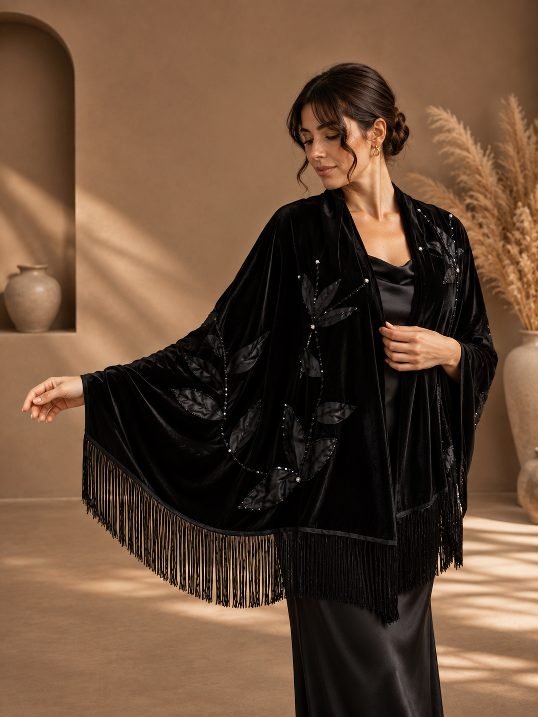 Velvet Shawl with Handmade Stone Embellishment
