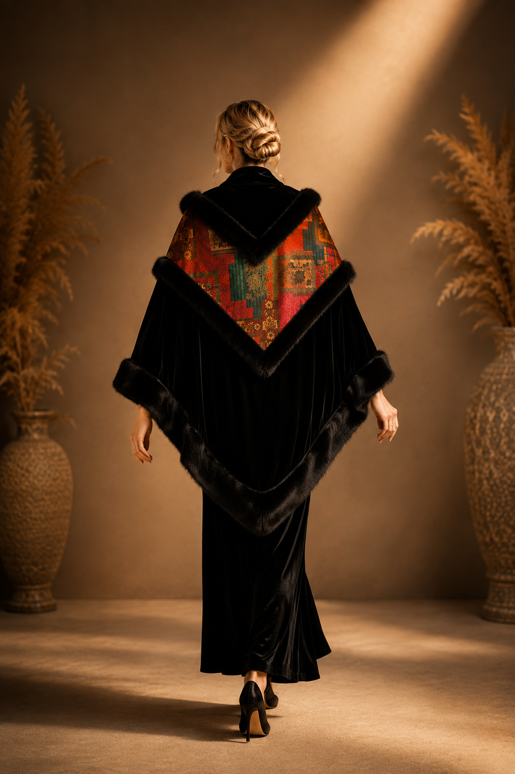 Velvet Shawl with Fur and Red Pattern Fabric