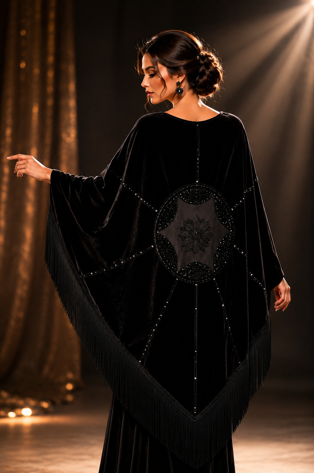 Velvet Shawl with Crystal Stones and Tulle