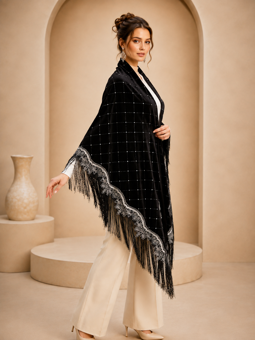 Silver Embroidery and Fringe Velvet Shawl