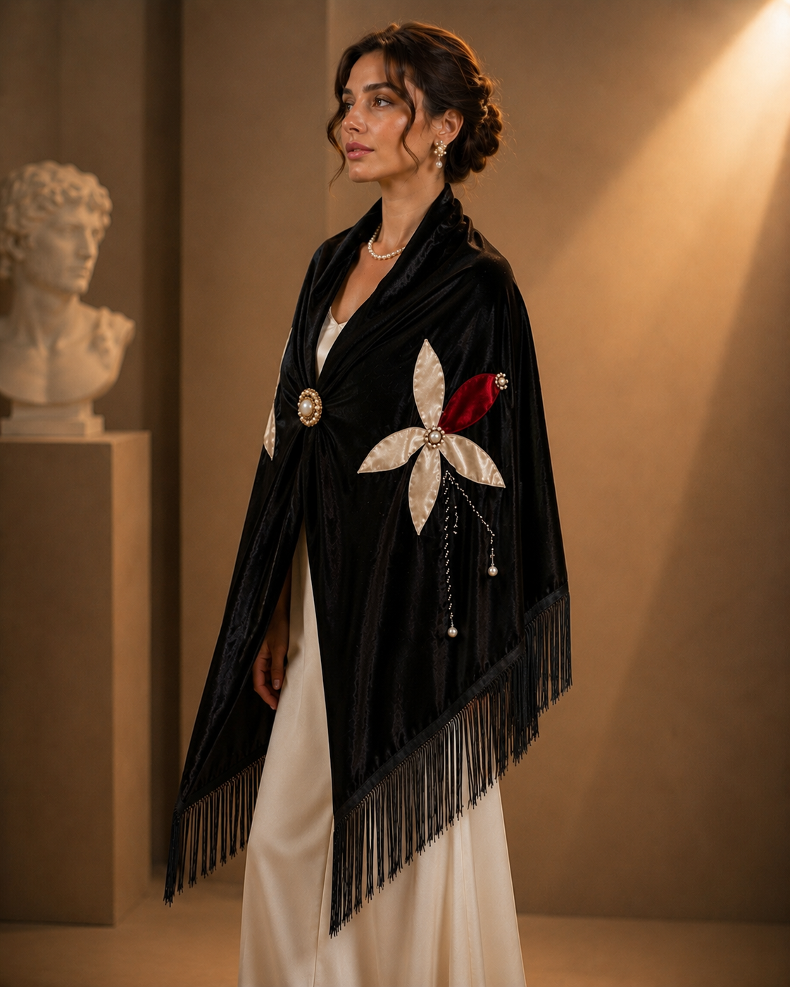 Flower Aplique Velvet Black Shawl