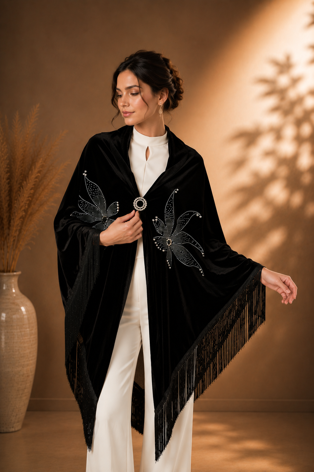 Velvet Shawl with Crystal Flower Stones