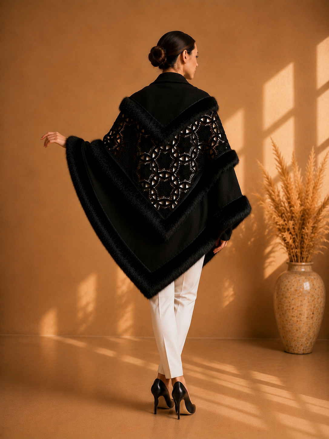Black Embroidery Knit Shawl with Faux Fur