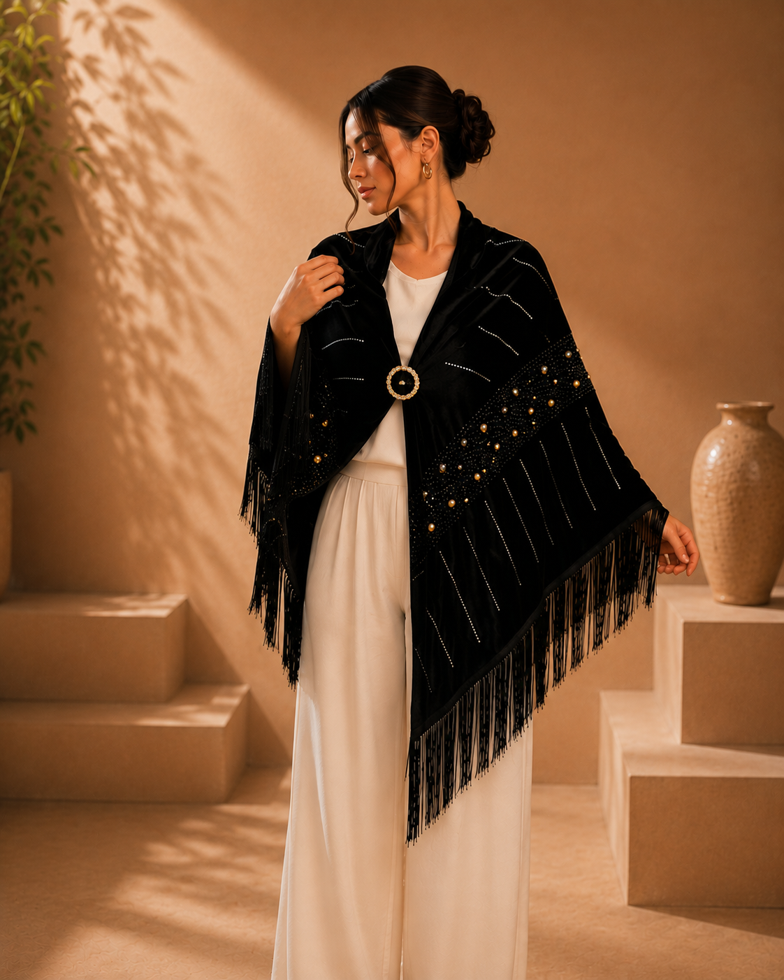 Velvet Evening Shawl with Crystal Stones