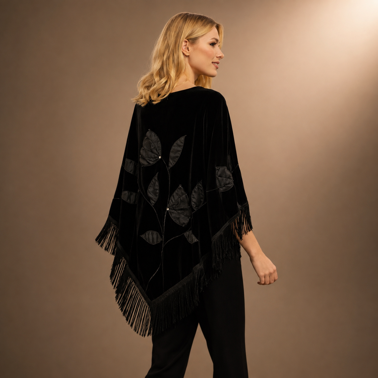 Handmade Embellisment and Flower Aplique Velvet Black Shawl