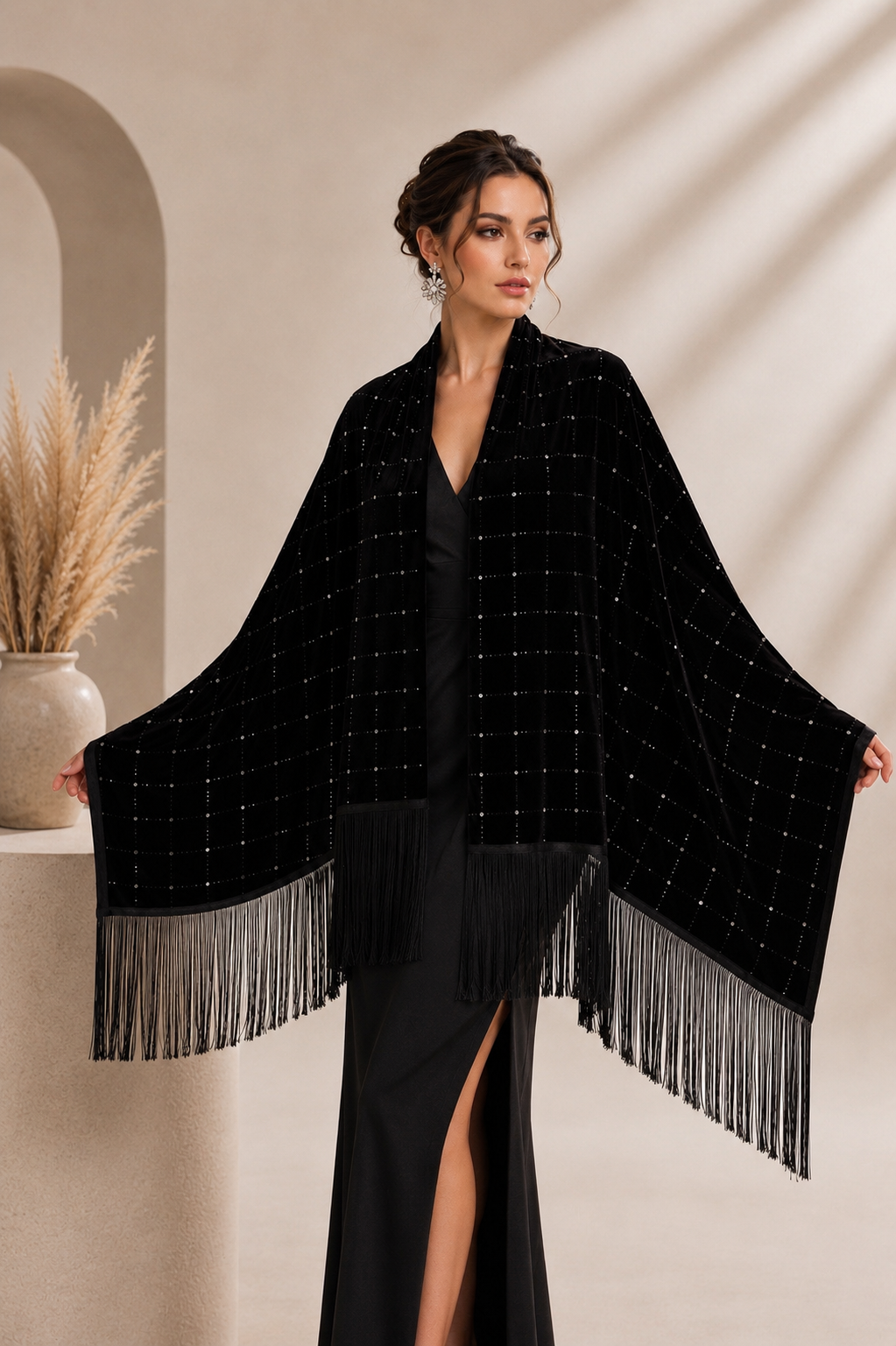 Black Velvet Shawl with Crystal Stones
