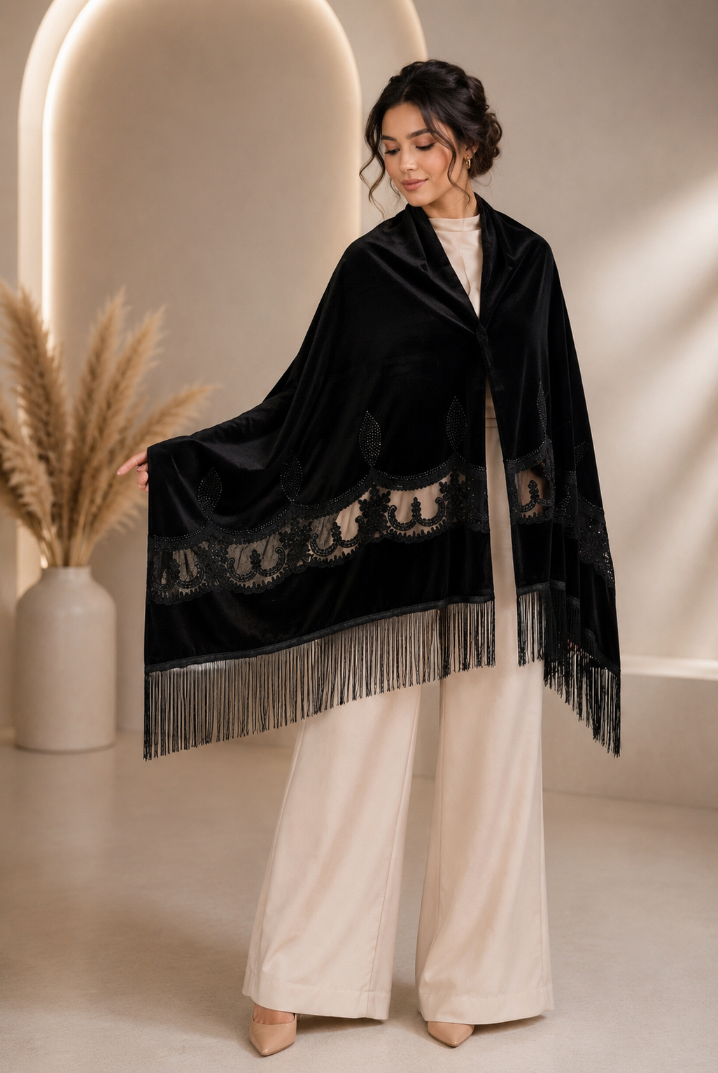 Black Embroidery Velvet Shawl with Crystal Stones