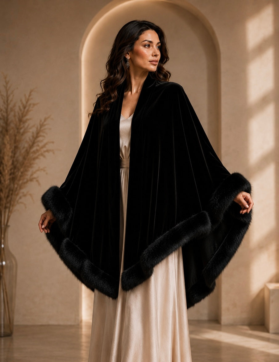 Black Velvet Plain Shawl with Fur Trim